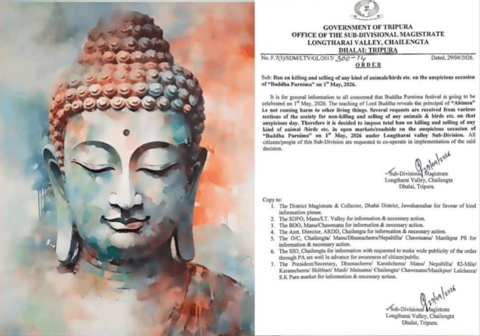 ত্রিপুরার ধলাই জেলায় বুদ্ধ পূর্ণিমা উপলক্ষে প্রাণী হত্যা ও মাংস বিক্রি নিষিদ্ধ